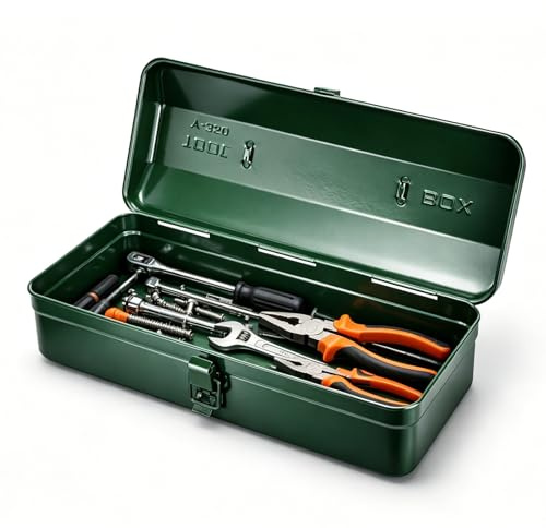 Lockable Metal Tool Box with Handle, 14 Inch Portable Storage Box with Lid | Professional Steel Hardware Organiser for Garage, Workshop, Home, Ideal for Wrenches, Screwdrivers, Small Parts