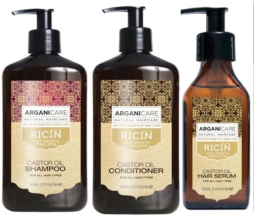 Arganicare Set aus 3 Wachstumsbeschleunigern mit Bio-Rizinusöl für geschwächtes Haar, Spliss, Shampoo + Spülung + schützendes Serum