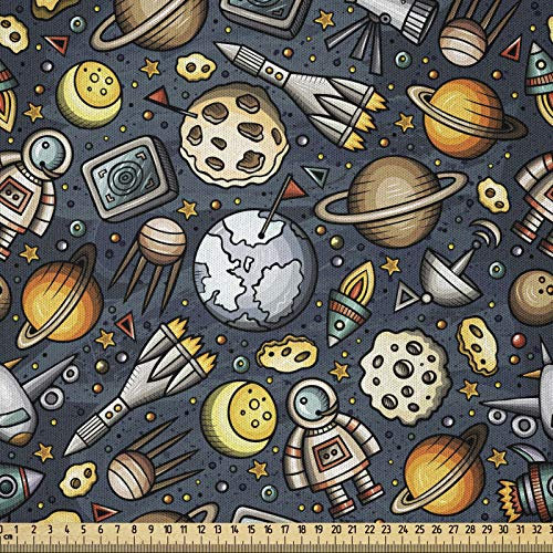 ABAKUHAUS Karikatur Stoff als Meterware, Weltraum-Muster, Microfaser Multi Zweck Dekostoff für Kunsthandwerke, 3M (230x300cm), Anthrazit grau