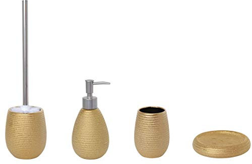 MSV Badezimmer Set, 4-teiliges Badzubehör aus Keramik Oman, Seifenspender, WC Bürste, Seifenschale und Zahnputzbecher Gold