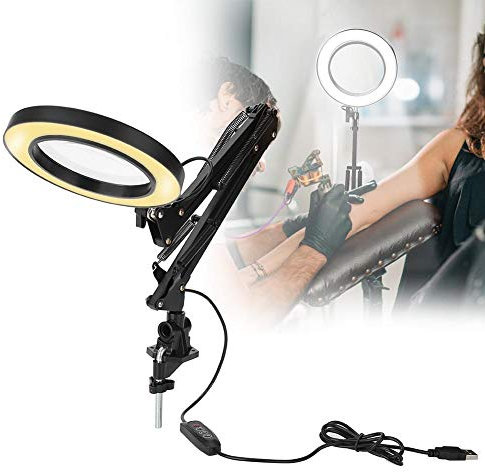 Tattoo Schönheit USB Light mit 5 facher Vergrößerung und Klemmen, LED Tischleuchte mit kaltem und warmem Licht für Salon und Lesung