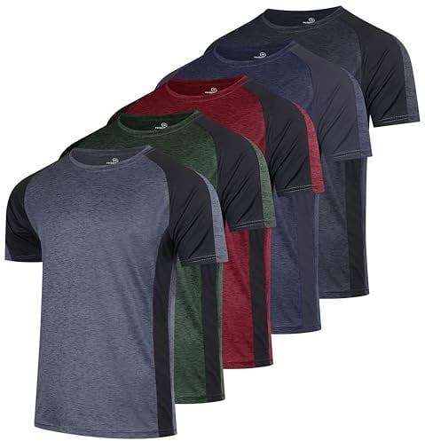 Men's Quick Dry Fit Shirt Short Sleeve Top Active Wear Training Athletic Base Layer Crew T-Shirt Fitness Rugby Gym Wicking Tee Workout Football Sports Running Exercise Undershirt - 5 Pack,-Set 13,S