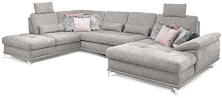 Cavadore Wohnlandschaft Castiel mit Federkern / Großes U-Form-Sofa mit Schlaffunktion, Sitztiefenverstellung und Kopfstützen / 368 x 114 x 232 / Webstoff, Hellgrau