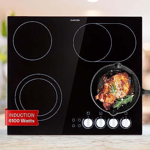 Klarstein Piano Cottura in Vetroceramica a 4 Fuochi, 6100W Integrato con Controllo Touch e Timer, Design Moderno per Cucina