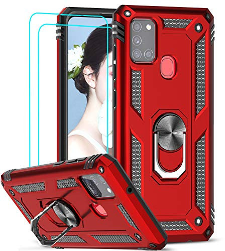 LeYi für Samsung Galaxy A21S Hülle mit Panzerglas Schutzfolie(2 Stück),360 Grad Ring Halter Handy Hüllen Cover Bumper Schutzhülle für Case Samsung Galaxy A21S Handyhülle Rot