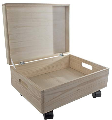 WooDeeDoo Large Shallow Under Bed Wooden Storage Box With Lid Wheels and Handles – 40 x 30 x 19 cm Pine Keepsake Craft Organiser Unfinished Decorative 12L Container for Bedroom or Gift Use