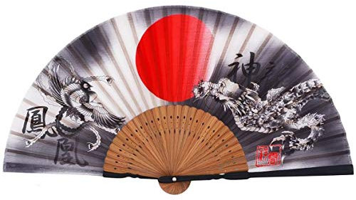 1SourceTek Silk Hand Held Fan 8.27 inches (21cm) Hand Fans for Women Folding, Hand Fan Folding for Gift, Decoration - Japanese Retro Style (Dragon and Phoenix)