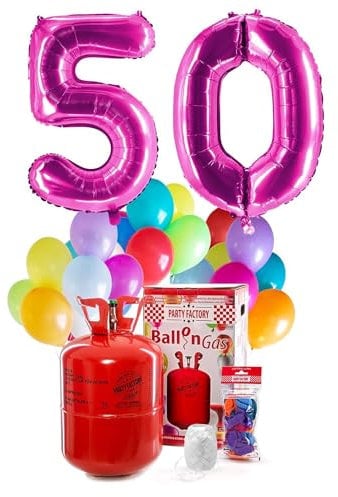 PARTY FACTORY Helium Geburtstags-Komplettset 50 - mit XXL Zahlenballons, 0,4m³ Ballongas, Ballonschnur & 30 bunten Latexballons - für Geburtstag, Jubiläum, Jahrestag - versch. Farben (Pink)
