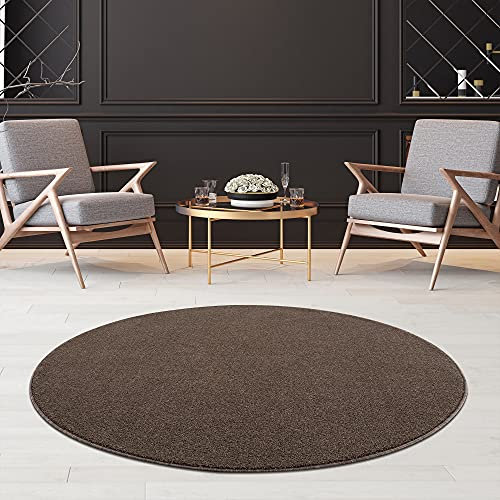 Fashion4Home Teppich Wohnzimmer – Einfarbig, Uni Teppich fürs Kinderzimmer, Schlafzimmer, Arbeitszimmer, Büro, Flur und Küche - Kurzflor, Braun-Taupe, Größe: 80 cm Rund