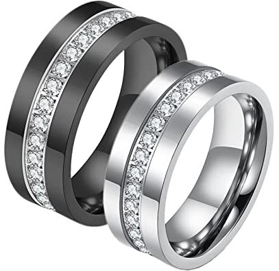 Aotiwe Ringe Paare, Ringe Schmuck Damen 8mm Silber Schwarz Ring mit Zirkonia Edelstahl Größe Damen 57 (18.1) & Herren 57 (18.1)