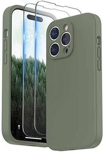 SURPHY Compatible with iPhone 14 Pro Case with Screen Protector, Liquid Silicone Protection for Each Lens Shockproof Thickened Rubber for iPhone 14 Pro 6.1 inch 2022, Olive Green