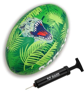 Ram Rugby Ramosaurus Rex Squad Trainer Rugby Ball & Mini Pump - Available in Size 5, 4, 3, & 1 (Mini) - For Kids & Adults - 7 Crazy Fun Designs - Club Quality Training Ball – Great