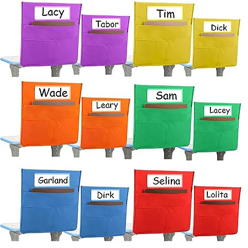 12 Pack Classroom Chair Pocket,Chairback Buddy Pocket with 3 Pockets,6 Bright Color Seat Storage Organizer for Kids with Name Tag Slot,Washable Seat Storage Pocket for Home School Daycare,16 x 19Inch