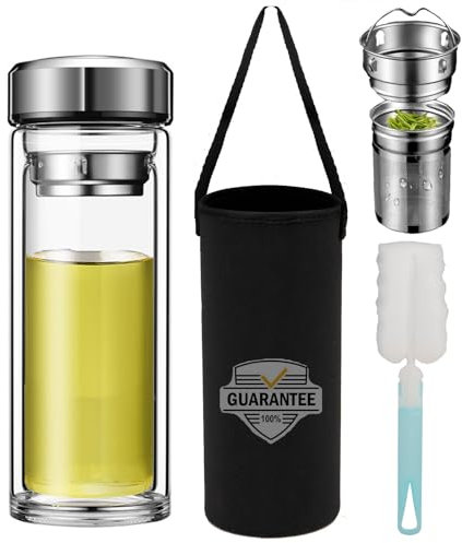 Pauzema 500ml Doppelwandige Glas Teeflasche mit 2 in 1 Edelstal Sieb to go, 17oz Tea Bottle 100% dicht