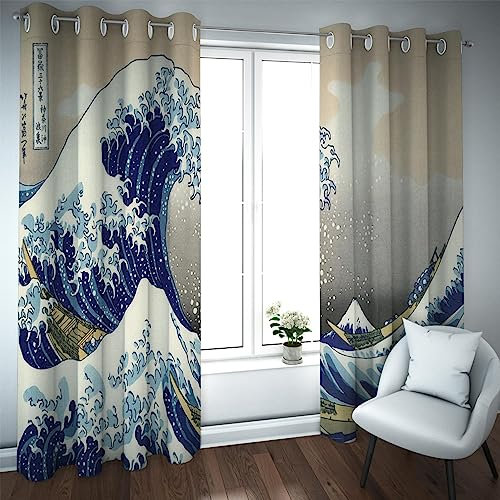 GaNkas Katsushika Hokusai Vagues Rideaux Japonais Ukiya Rideaux Occultants pour Salon Oeillet Chambre Assombrissement Rideaux De Chambre 2 Panneaux B168xH300