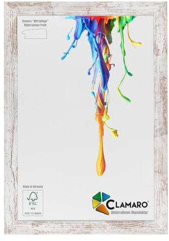 CLAMARO 'Neo Collage' Bilderrahmen 48x64 handgefertigt nach Maß | Vintage Weiss | MDF-Holz Design Holzbilderrahmen inkl. Acrylglas und Metall Aufhänger (Querformat & Hochformat)