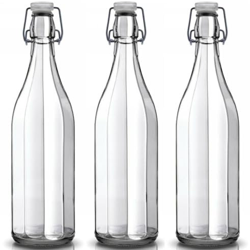 SET 3 BOTTIGLIE VINTAGE VETRO VUOTE DA 1 LITRO CON TAPPO MECCANICO PER ACQUA, OLIO E VINI