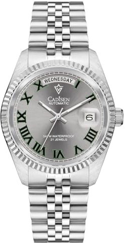 CADISEN Automatik Uhr Herren Mit Gangreserve Automatik Saphirglas Wasserdicht 38MM Kalender der Wochentage (8228 grau)