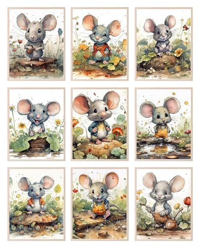 BigWig Prints Maus-Wandkunst für Kinderzimmer – Mausbild, Aquarell-Tier-Wanddekoration, Maus-Poster, Maus-Geschenke für Mäuse-Liebhaber, Kinderzimmer, Wandkunst, ungerahmt, 9 Stück (20,3 x 25,4 cm)