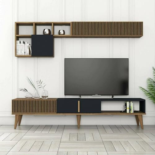 Dmora - Wohnzimmermöbel Gemini, Modulares Wohnzimmerset, Mehrzweck-Wohnzimmermöbel, Moderner TV-Schrank, 180x35h40 cm, Walnuss und Anthrazit