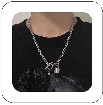 Dervivea Punk Silver Lock Pendant Necklacec Circle Toggle Clasp Necklace Metal Curb Link Chain Necklace Silver Key Lock Necklace Jewelry for Women