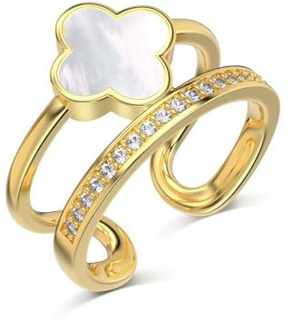 LAKEMON Goldener Kleeblattring für Damen, zierlicher, auffälliger, Verstellbarer Ring mit offenem Zirkonia, Schmuck für Damen (White)
