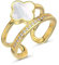 LAKEMON Goldener Kleeblattring für Damen, zierlicher, auffälliger, Verstellbarer Ring mit offenem Zirkonia, Schmuck für Damen (White)