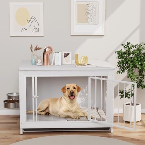 Hundekäfig für Zuhause,Holz Hundebox,93x64x58cm, Hundehaus für Drinnen mit Abnehmbares Tablett, Hundehütte mit 2 Hundenäpfe und Tür, Hundebox für Mittelgroße Kleine Hunde bis zu 40kg, Weiß
