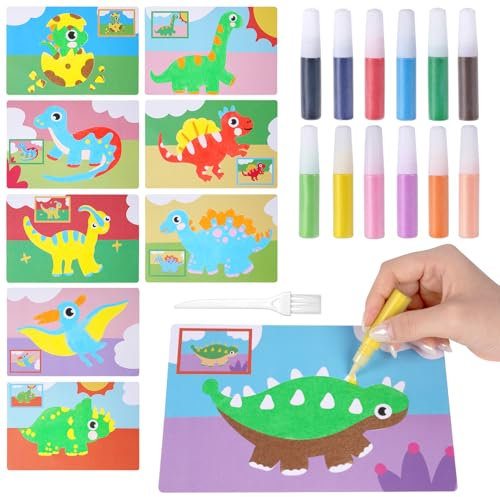 OSDUE Sand-it For Fun Kit,DinoSand Dinosaurier Sandbilder Kreativset mit Pinsel Tablett 16 Sandmalbilder 12 Flash-Sandstifte DIY-Kit Sandbilder für Kinder ab 5+