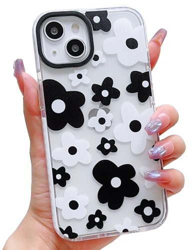 ECZOIL Compatible for iPhone 13/14 Case,Cute Clear Black and White Flower Cartoon for Women Girl Soft TPU Shockproof Anti-Yellow Protective Phone Case for iPhone 13/14-Black and White Flower