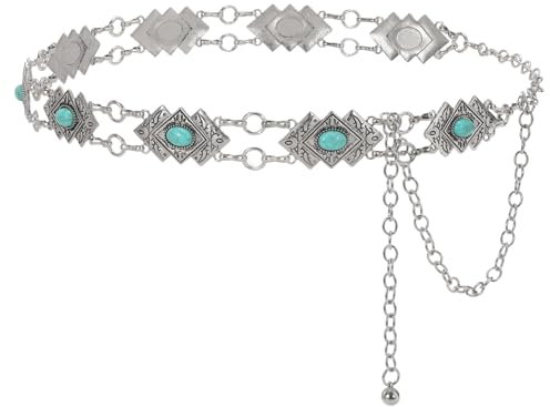 JasGood Damen Concho Taillenkettengürtel Mode Kettengürtel Taillenkette Taillengürtel Verstellbarer Metall Gürtel Gold Damen Western Cowgirl Gürtel für Kleider,Silber,150cm