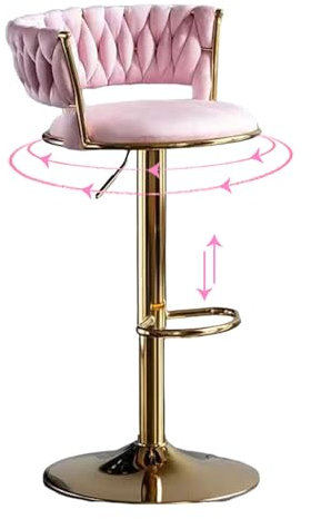 AmphaDeco Swivel Bar Hocker Gold Beinen mit Gewebten Rücken & Fußstütze Set Von 1 2 3 4 6, Gepolstert Samt Einstellbare Frühstück Barhocker für Küche Counter Esszimmer Stühle,Rosa,1