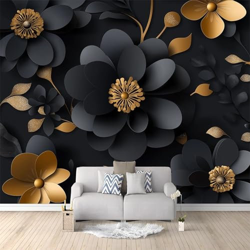 3D Panoramic Custom Wallpaper Mural Luxurious and Simple Flowers Non-Woven Premium Art Print Black Gold Wallpaper Mural Poster Decoration 78.74 x 55.12 (W x H), for Bedroom Living Room Corridor