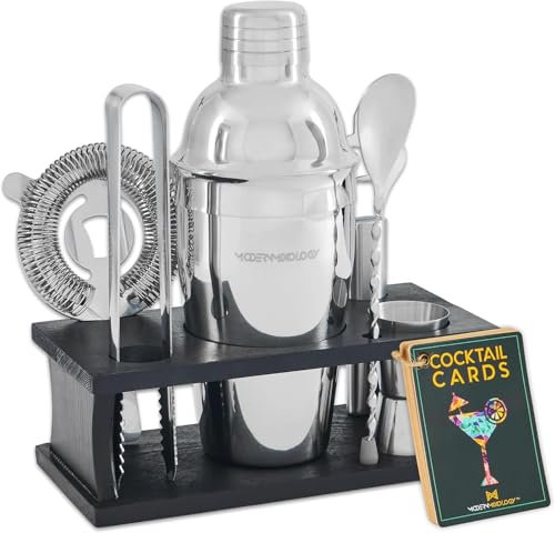 8-teiliges Cocktail-Set - Edelstahl-Shaker, Messbecher, Sieb, Rührlöffel, Zange, Flaschenöffner, Holzständer & Rezeptkarten Partys und Feiertage (Silber - Schwarz)