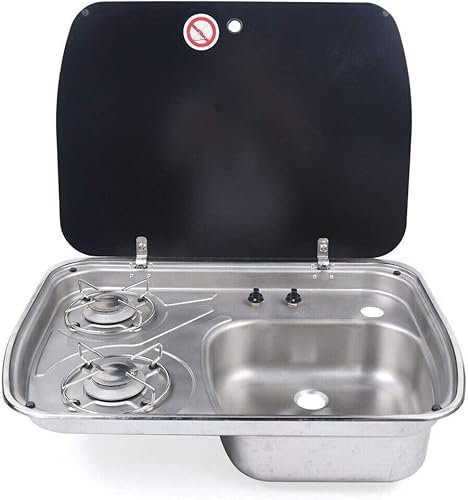 Gas Camping Stove Built-In RV Gas Cooktop 2 Burner Gas Stove Hob and 1 Stainless Steel Sink Combo w/Glass Cover for Outdoor Camp Motorhome Caravan Camper RV Kitchen Only Use LPG Gas