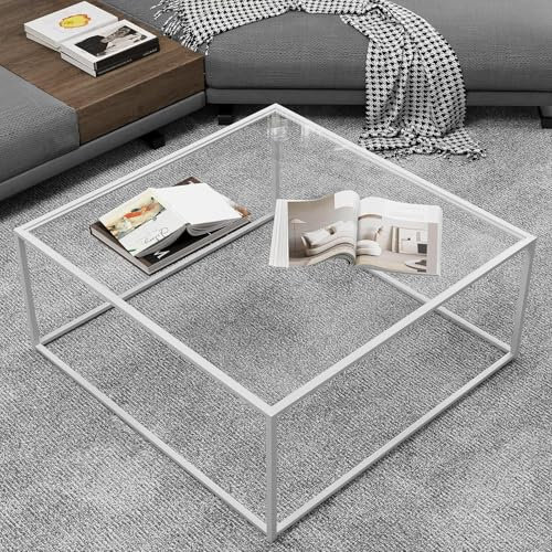 Couchtisch Quadrat Glas Weiß, Quadratischer Couchtisch Aus Glas, Beistelltisch Wohnzimmertisch Couchtische Glastisch Rechteckig, Coffee Table Quadrat für Wohnzimmer Büro, Metallgestell, 67x67x40 cm
