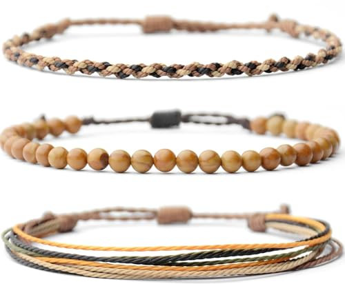 XSDSLS 3 Pièces Bracelet Bracelet Homme Bracelet Œil de Tigre Perles Naturelle Bracelet Perles Naturelle Bracelets en Tressée Corde Superposition Fait main Femmes Hommes (Pierre à grain de bois)