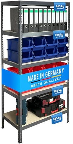 Lagerknecht Schwerlastregal 5 Böden Made in Germany, Fachbodenregal, Kellerregal, 180 x 92 x 46 cm, pulverbeschichtetes Steckregal, 265 kg Fachlast, Ordnerregal, Lagerregal, Regalsystem, Vorratsregal