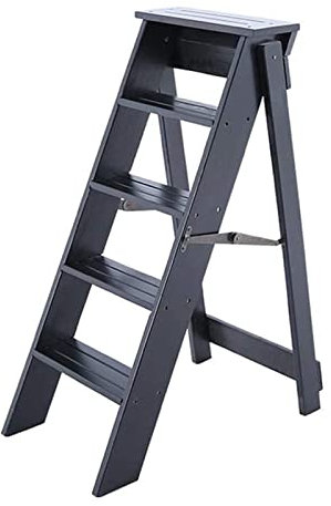 OZBMA Escabeau en Bois, 5 marches en Bois Massif, échelle Pliante, escabeau Multifonction, étagère de bibliothèque Multifonction, étagère pour Plantes, chaises Pliables à 5 marches (Blanc) (Noir)