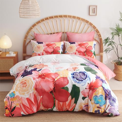 Freyamy Blumen Bettwäsche 135x200cm 4teilig Weiß Rot Bunt Floral Mädchen Bettwaren-Sets 100% Microfaser Blumenmuster Bettbezug 2 Bettdeckenbezüge mit Reißverschluss und 2 Kissenbezug 80x80cm