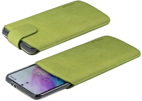 Suncase Ledertasche Etui kompatibel mit Samsung Galaxy A56 5G Hülle Innenmaße: 168 x 82 x 15 mm (geeignet für Dicke Bumper/Backcover Modellen) in antik Kiwi grün