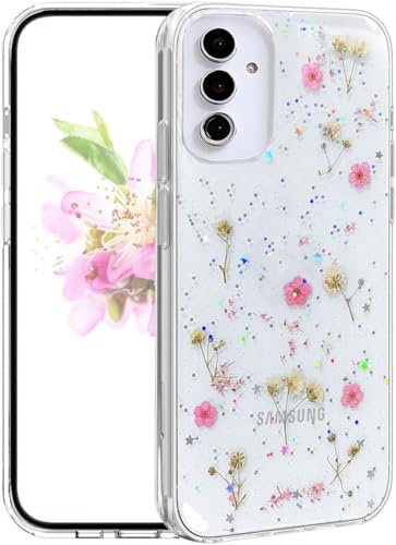 Riccase Coque transparente pour Samsung Galaxy A55 5G avec véritables fleurs séchées, antichoc et souple, en TPU souple, fine et pailletée, motif floral mignon, pour Samsung Galaxy A55 5G, fleur rose