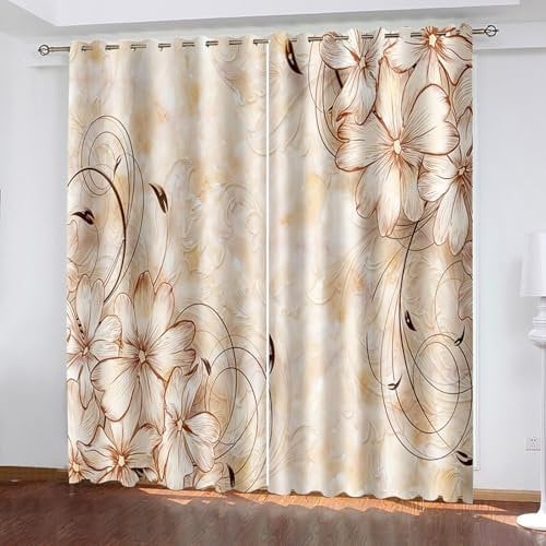 Lirzxin Undurchsichtige Gardinen 183 cm Lang, Vorhänge Blickdicht mit Ösen 2er Set Gelb Khaki Blumen Muster Vorhang für Wohnzimmer Schlafzimmer Kinderzimmer Jugendzimmer, 137x183 cm(BxH)