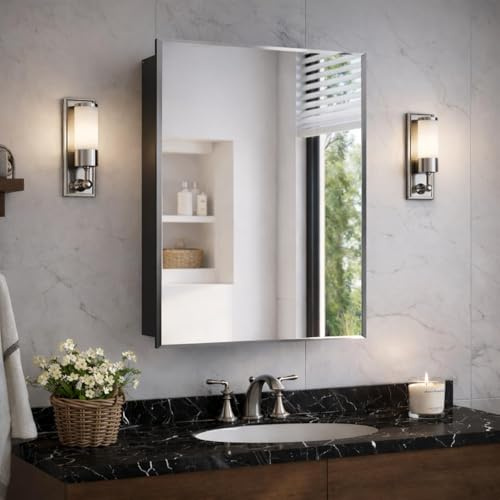 GoTiling 40x60cm Armoire Encastrée pour Salle de Bain avec Miroir: Armoire à Pharmacie Murale - Grand Meuble de Rangement avec Étagère Réglable - sans Cadre, Noir Mate