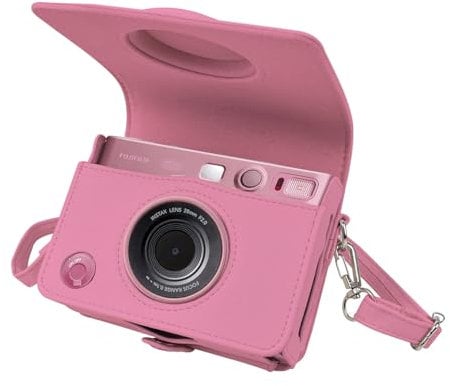 MUZIRI KINOKOO Mini EVO Protective Camera Case, PU Leather Case Compatible for Fuji Instax Mini EVO Instant Camera with Adjustable Shoulder Strap - Lychee Texture Horizontal Style Case in Pink