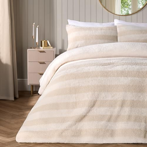 OHS Double Duvet Set Tufted Boucle Stripe, Christmas Duvet Cover Double Autumn Winter Warm Comfy Ultra Soft Faux fur Fleece Bedding Set with Pillowcases, Natural