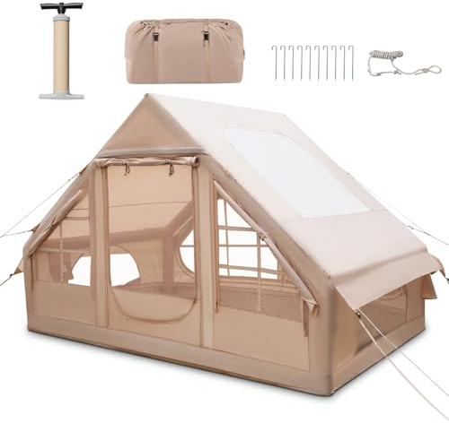 HOMASIS Tenda da Campeggio Gonfiabile per 4-6 Persone con 10 Picchetti per il Terreno, Pompa, Corda Antivento e Borsa Portaoggetti, Tenda Familiare Impermeabile con Lucernario, 300 x 210 x 200 cm