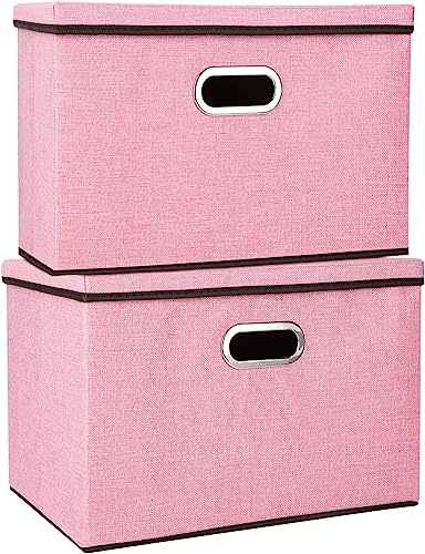 M.J COMFY-LIFE 2 Pack Storage Boxes with Lids 45x30x30cm Large Collapsible Storage Baskets for Shelves Foldable Linen Fabric Storage Bin Cube Storage Unit for Organizing Clothes Toys (Pink)