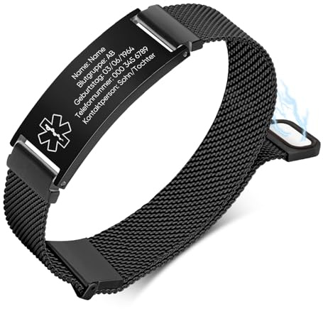 Notfallarmband Erwachsene Armband Personalisiert, Medizinisches Armband mit Gravur für Männer Frauen, Verstellbar Uhrenarmband aus Edelstahl für Allergien Diabetes Epilepsie - 16 MM (Schwarz)
