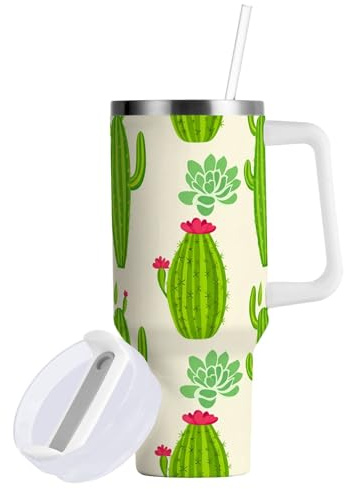Sevdomey 30 ozCartoon Cacti and Succulents Tumbler with Handle and Straw Lid for Water Iced Tea or Coffee, Stainless Steel Insulated Leak-Proof Travel Coffee Mug Cup Gifts